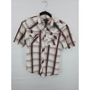 Helix Mens Brown Plaid Embroidered Wing Cross Short Sleeve Button Down Shirt S